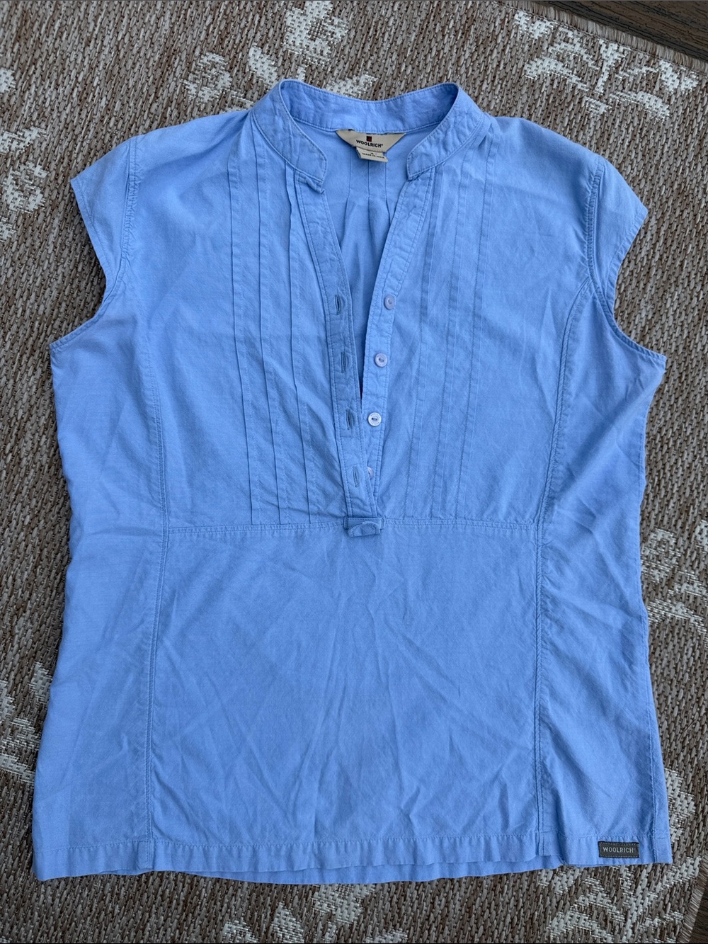 Woolrich Light Blue Pintuck Cap Sleeve Henley Top